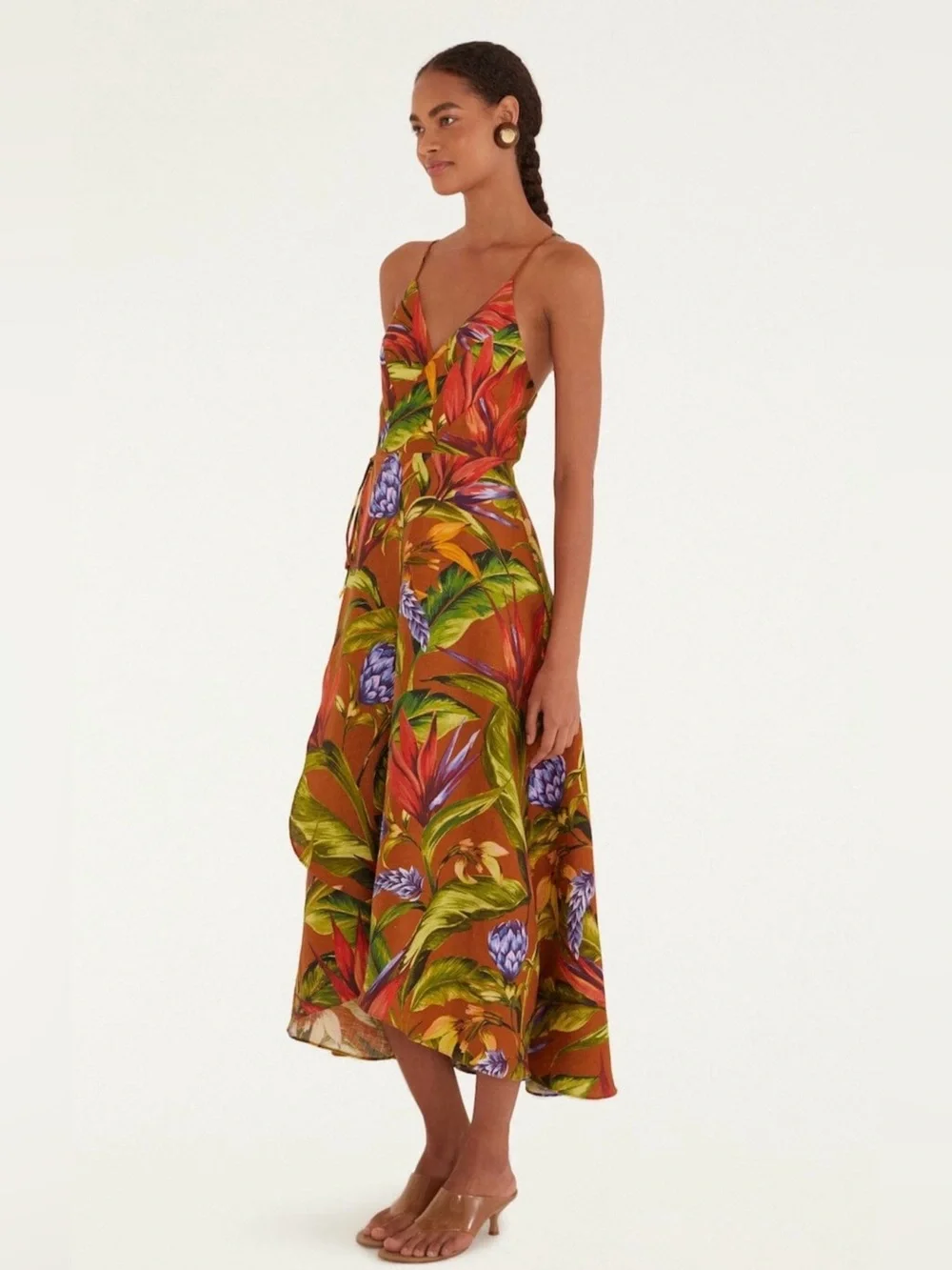 Farm Rio Florart Linen Sleeveless Plunge Midi Wrap Dress Multi Color Brown M NWT